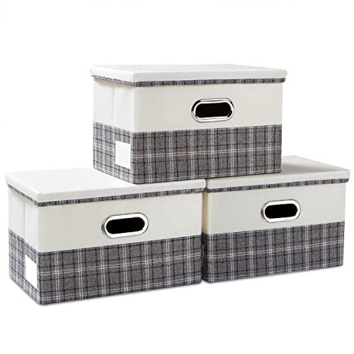 Collapsible Storage Bin with Lid [3 (Gray plaid & Cream / M(3-Pack))