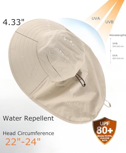 UPF 80+ Sun Hat for Men Women Wide Brim Sun Hat with Neck Flap Summer Safari UV Protection Gardening Fishing Hat Khaki (Khaki)