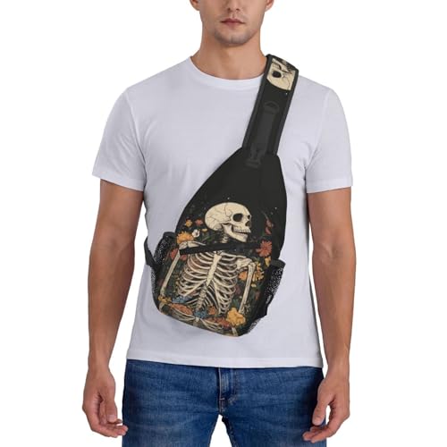 Sling Bag Skeleton Flower Skull Vintage Hiking Daypack Crossbody Shoulder Backpack Travel Chest Pack for Men Women (B0155)