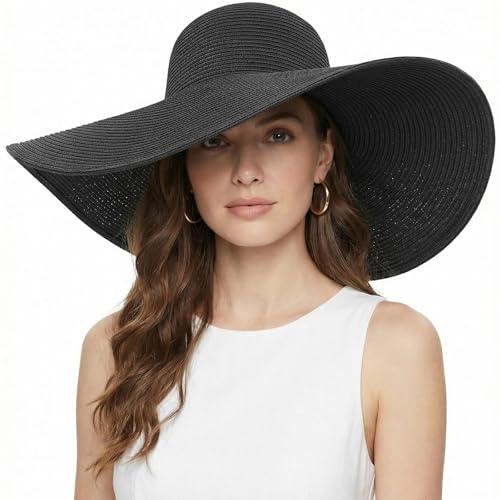 Beach Hats for Women Big Straw Wide Brim Summer Hat Floppy Foldable Roll up Cap Sun Hat UPF 50+ (Straw Fedora: Black, 4.7" Brim, 1 Pack)