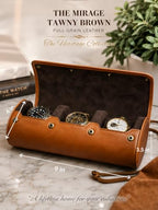Watch Travel Case for Men Leather Watch Roll for Travel Organizer and Display Watch Case 3 Slots Full Grain Leather Tawny Brown