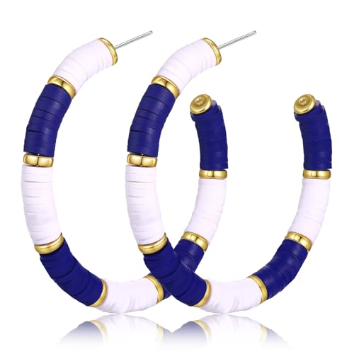 Game Day Earrings Football Baseball Earrings for Women Sports Team Heishi Hoop Earring Football Accessories Outfits Cheer Mom Essentials Fall Sports Must Haves Cheer Gifts (Blue White)