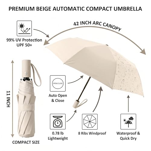 Small Compact Travel Umbrella with UV Protection for Sun & Rain (D-1-Beige)