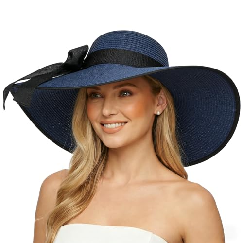 Womens Big Bowknot Straw Hat Floppy Foldable Roll up Beach Cap Sun Hat UPF 50+ ACA Navy (Aca Navy /Normal Edge)