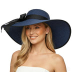 Womens Big Bowknot Straw Hat Floppy Foldable Roll up Beach Cap Sun Hat UPF 50+ ACA Navy (Aca Navy /Normal Edge)