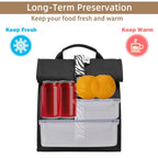 Insulated Lunch Bag Rolltop Lunch Box (Black with white strap)