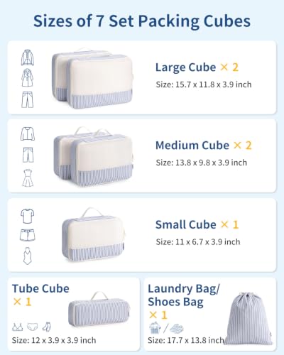 Packing Cubes for Travel (Greyish Blue Stripe / 7 Set)