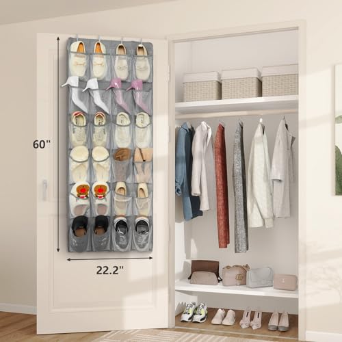 2 Pack Over the Door Shoe Organizer Hanging Shoe Organizer for Closet (2 Pack 24-Pockets Grey)