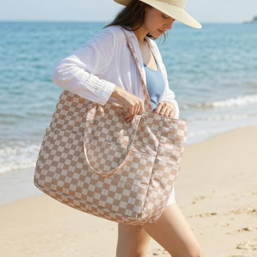 Beach Bag Waterproof Sandproof Large Capacity Foldable for Women (Brown Checkered / 35L)