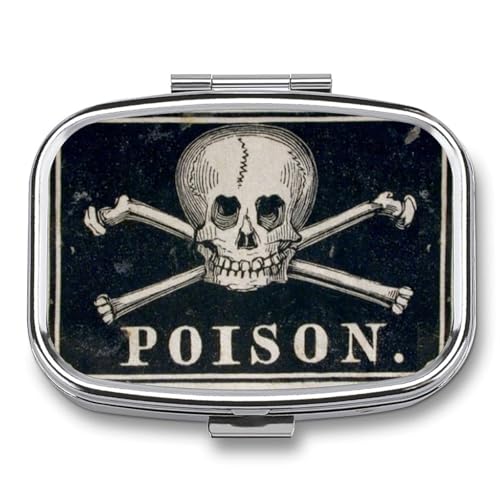Metal 2 Compartment Pill Organizer Travel Friendly Portable Compact Pill Box Cute Pill Case to Hold Vitamins (A Skeleton With a Black Background)