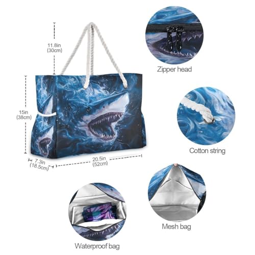 Large Beach Bags Totes Canvas Tote Shoulder Bag Soft Wave Water Resistant Bags for Gym Travel Daily Ocean (Sharks in the Water)