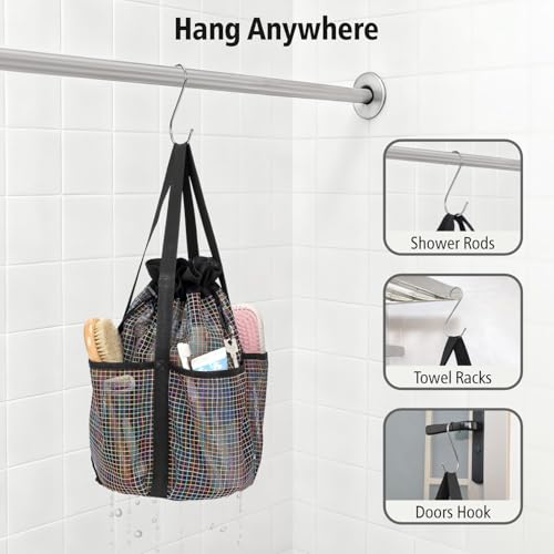 Mesh Shower Caddy Portable with Drawstring (Black Grid)