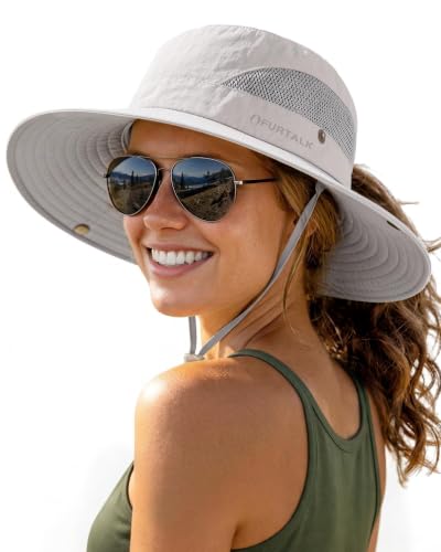 Womens Sun Hat with Ponytail Hole Beach Hiking Summer Wide Brim UPF 50+ Outdoor Protection Foldable Bucket Hat Light Grey (Light Grey)