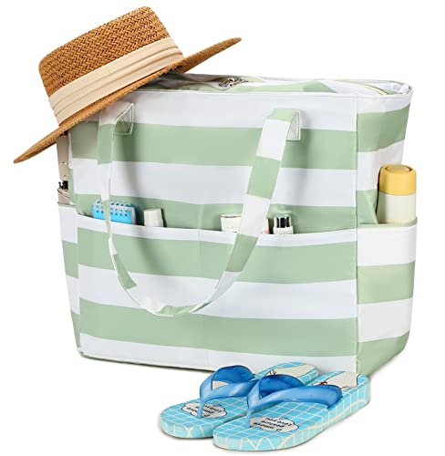 Waterproof Beach Tote Pool Bags for Women Ladies Extra Large Gym Tote Carry On Bag With Wet Compartment for Weekender Travel (Sage Green Stripe)