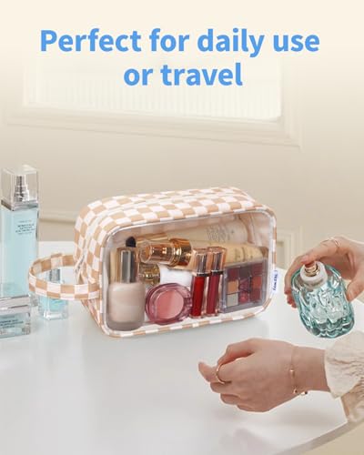 Clear Toiletry Bag for Women (Y-Light Brown Checkerboard)