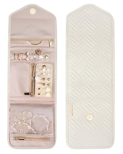 Travel Jewelry Organizer Case Foldable Jewelry Roll (Small / Beige)