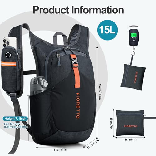 15L Hiking Backpack for Men Women Lightweight Foldable Small Daypack for Travel Camping Outdoor (Black / 15l)