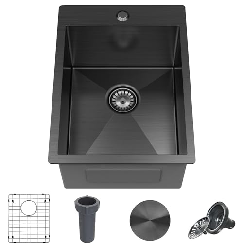 15 x 20 x 9 Inch Black Drop In Kitchen Bar Sink (Black / 15''X20''X9'' Bottom Grid)