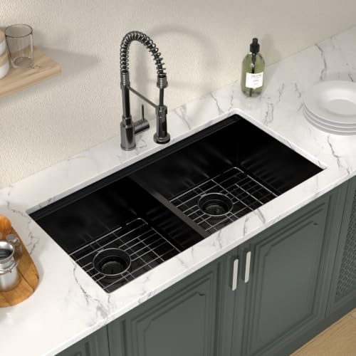 36 Inch Matte Black Double Bowl Kitchen Sinks Undermount (Matte Black-Workstation / 36''x19''-50/50)