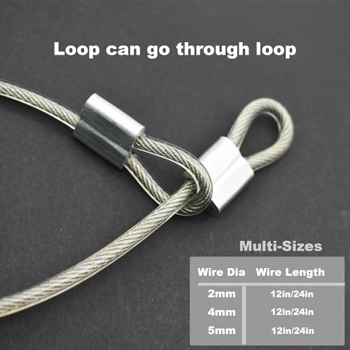10 Pcs 2mm Wire 24 inch Vinyl Coated Stainless Steel Cable with Loops Short Wire Rope Lanyard Lock Security Chain Link for Outdoor Gates (2mm(T) X 24 in(L) 10PCS / Clear)