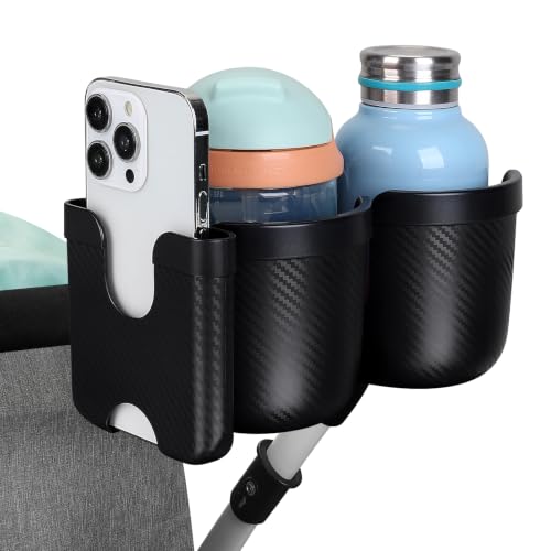 Stroller Cup Holder with Phone Holder (Double Holder-All Black Texture)