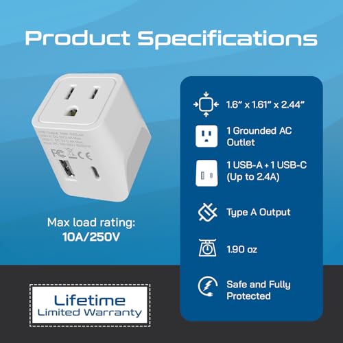 Japan Philippines Travel Adapter Plug with USB (Matte White)