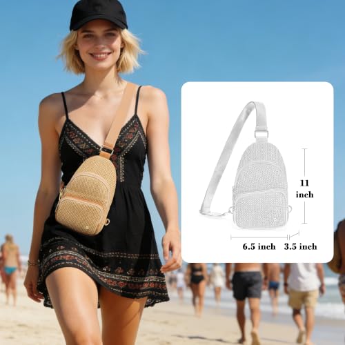 Faux Straw Crossbody Bags for Women Small RFID Summer Sling Bag (Pure Khaki)