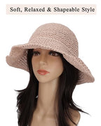 Womens Crochet Straw Sun Hat Foldable Floppy Wide Brim Beach Hat for Summer (One Size / Pink)