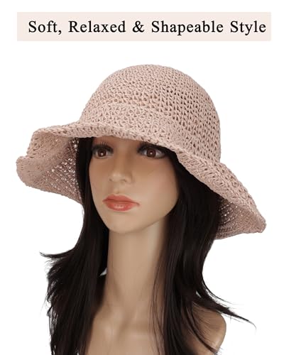 Womens Crochet Straw Sun Hat Foldable Floppy Wide Brim Beach Hat for Summer (One Size / Pink)