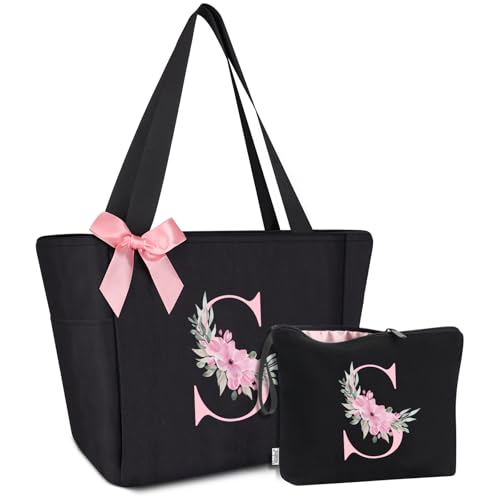 Tote Bag, A-Z Initial Monogrammed Waterproof Tote Bag, Bridesmaid Gifts for Women, Black and Pink (S, Black Set) (Black Set)