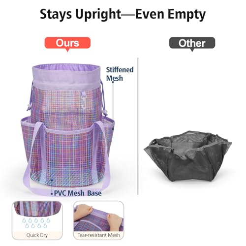 Mesh Shower Caddy Portable with Drawstring (Purple Grid)