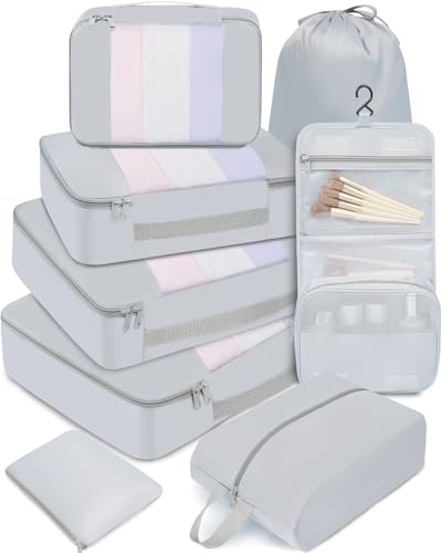 8 Set Packing Cubes Various Sizes Packing Organizer for Travel Accessories Luggage Carry On Suitcase (08-Light Grey / 8 Set-middle Mesh)