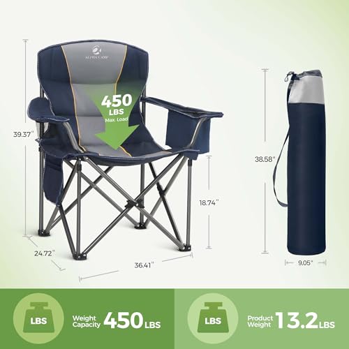 Folding Camping Chair Oversized Heavy Duty Padded Outdoor Chair with Cup Holder Storage and Cooler Bag (Navy Blue / Single Pack)