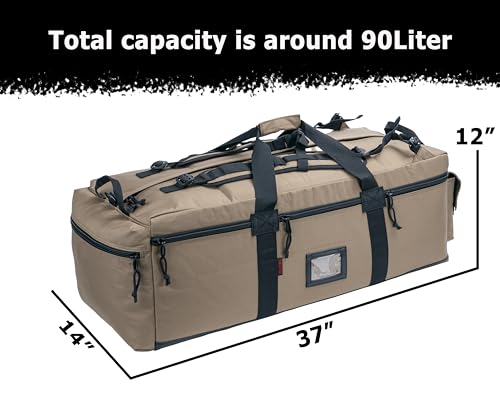 Large Military Duffle Bag Tactical Gear Load Out Bag Deployment Cargo Bag Travel Sports Equipment Duffel Luggage Bag with Backpack Straps 90L (TAN+BLACK)