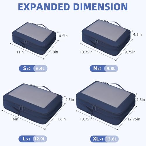 4 Set/6 Set/8 Set Compression Packing Cubes Travel Accessories Expandable Packing Organizers (Square Mesh, 06-Navy) (06-Navy / Square Mesh)