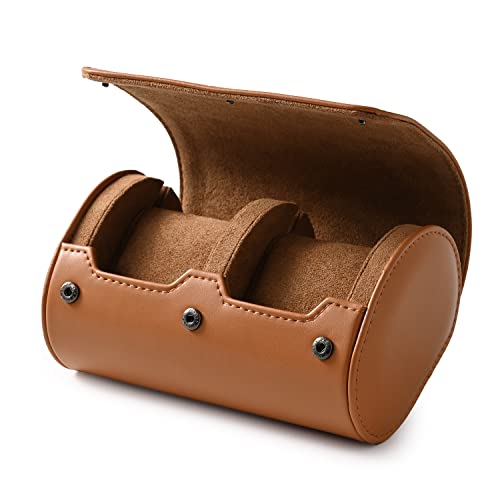 Brown Leather 2 Watch Roll Travel Case for Men (Brown / 2-Slot)