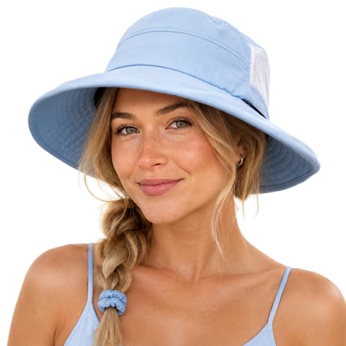 UVCoolix UPF 50+ Wide Brim Ponytail Sun Hat (Medium / Misty Periwinkle)