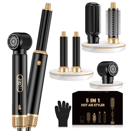 5-in-1 Hot Air Styler & Blow Dryer Brush Set - 700W Gentle Temperature Hair Multi-Styler with Auto-Wrap Curlers & Round Brush for Fine, Thin, or Damaged Hair, 100-120V US Outlet Only (Black Gold)