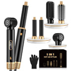 5-in-1 Hot Air Styler & Blow Dryer Brush Set - 700W Gentle Temperature Hair Multi-Styler with Auto-Wrap Curlers & Round Brush for Fine, Thin, or Damaged Hair, 100-120V US Outlet Only (Black Gold)