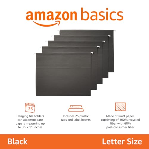 Hanging File Folders with Adjustable Tabs for Document Organization (Black / Letter)
