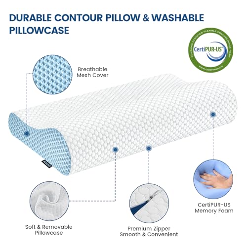 Neck Pillow Contour Memory Foam Pillows for Pain Relief Bed Pillow for Sleeping (White&blue)