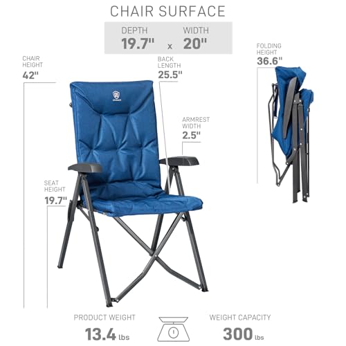 Folding Padded Camping Chair 4 Positon Adjustable Recliner with High Back Support Portable for Adults (Blue)