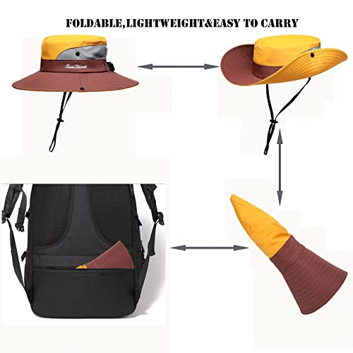 Womens Summer Sun Hat Beach Hat Wide Brim Outdoor UV Protection Hat Foldable Cool Mesh Ponytail Bucket Hat (6-7 / Yellow-brown)