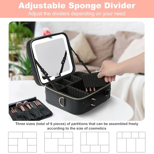 Travel Makeup Bag with LED Lighted Mirror (Black Lozenge With Brushes)