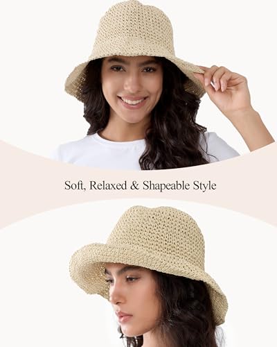 Womens Crochet Straw Sun Hat Foldable Floppy Wide Brim Beach Hat for Summer (One Size / Beige)