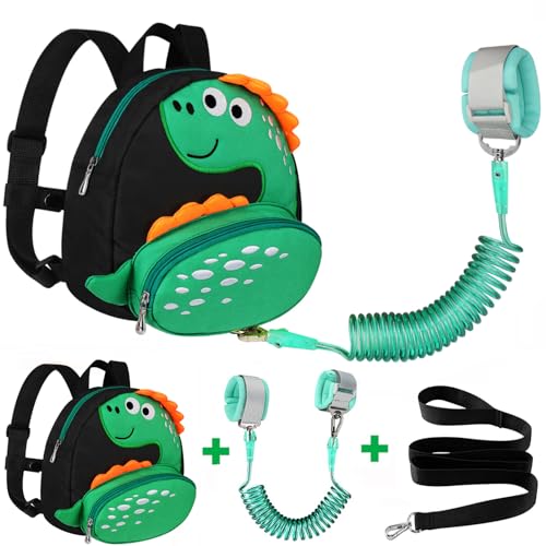Toddler Backpack Harness with Safety Leash (Black/Green Dinosaur, Green Link)