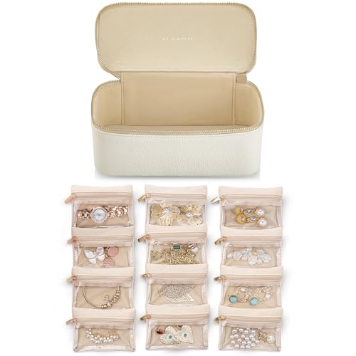 Travel Jewelry Case with Clear 12 Velvet Bags (12PCS-White)