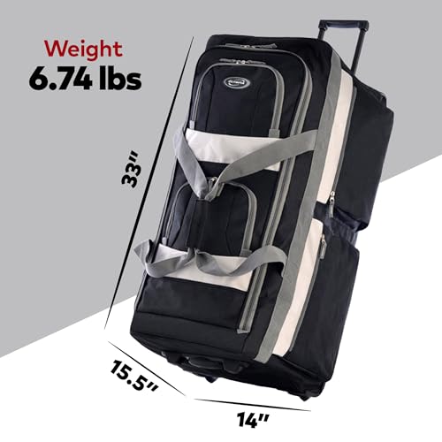 33 inch Jumbo Size 8 Pockets Wheeled Rolling Duffel Bag Water Resistant Luggage Lightweight Travel Suitcase with Retractable Handle (33 inch / Black)