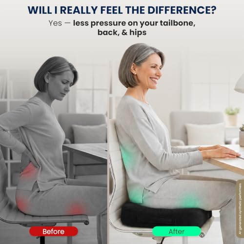 Seat Cushion Memory Foam Chair Cushion for Tailbone Pain Relief (Black / Large)