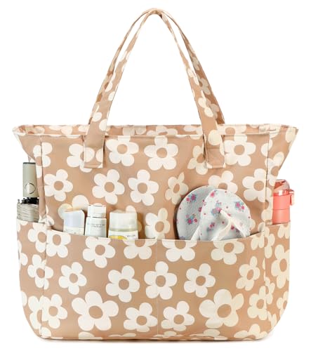 Waterproof Beach Tote Pool Bags for Women Ladies Extra Large Gym Tote Carry On Bag With Wet Compartment for Weekender Travel (Beige Floral 157)